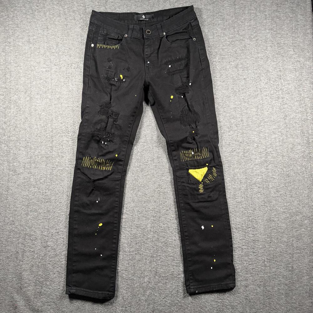 Focus Jeans Mens 32x32 Black Distressed Paint Splatter Embroidered Denim